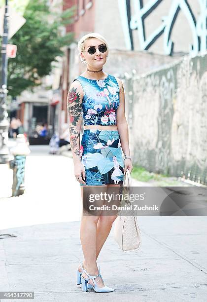 Madeline Dawson is seen around the Lower East Side wearing a Black Milk Clothing Company top and skirt, Zara shoes, Aldo purse, American Apparel...