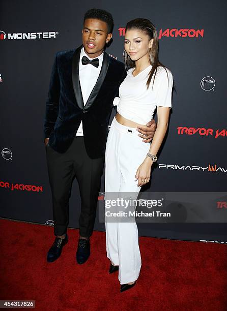 Trevor Jackson and Zendaya arrive at Trevor Jackson's Monster 18th birthday party held at El Rey Theatre on August 28, 2014 in Los Angeles,...