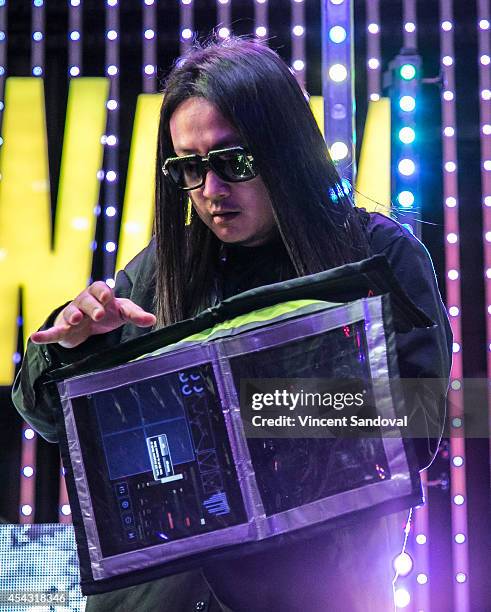 Splif of Far East Movement performs during Universal CityWalk's 'Music Spotlight Series' at 5 Towers Outdoor Concert Arena on August 28, 2014 in...