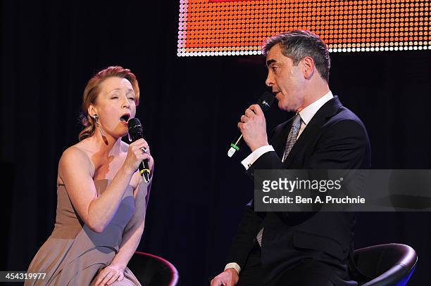 Presenter and actor James Nesbitt and actress Lesley Manville sing during the ceremony for the Moet British Independent Film Awards at Old...