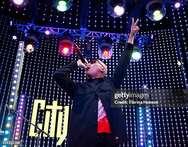 Prohgress of Far East Movement performs at Universal CityWalk's music spotlight concert series at Universal CityWalk 5 Towers on August 28, 2014 in...