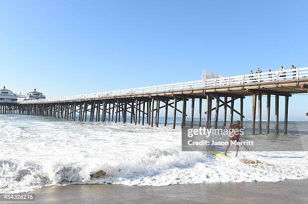 American big-wave surfer Laird Hamilton surfing during huge swells generated by hurricane Marie Reach on August 27, 2014 in Malibu, California.