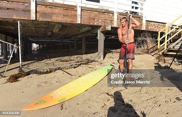 American big-wave surfer Laird Hamilton sighting along the beach during huge swells generated by hurricane Marie Reach on August 27, 2014 in Malibu,...