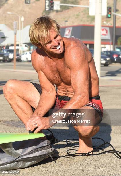 American big-wave surfer Laird Hamilton sighting along the beach during huge swells generated by hurricane Marie Reach on August 27, 2014 in Malibu,...