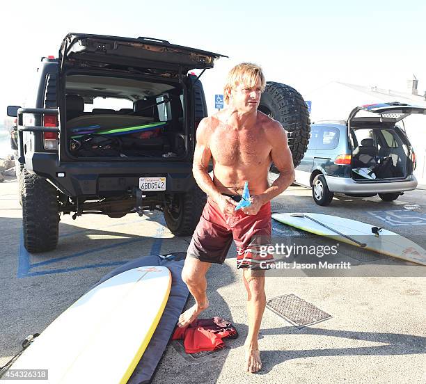 American big-wave surfer Laird Hamilton sighting along the beach during huge swells generated by hurricane Marie Reach on August 27, 2014 in Malibu,...