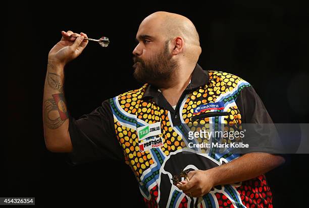 Kyle Anderson of Australia competes during his quarter-final match against Simon Whitlock of Australia during the Sydney Darts Masters at Hordern...