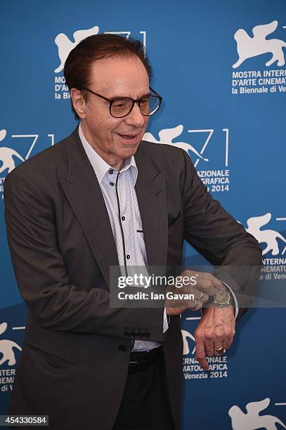 Director Peter Bogdanovich wearing a Jaeger-LeCoultre Master Hometime Aston Martin watch attends the 'She's Funny That Way' photocall during the 71st...