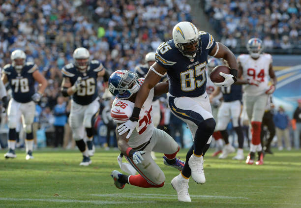 Antonio Gates of the San Diego Chargers catches the ball for a first down against the New York Giants during their game on December 8, 2013 at...