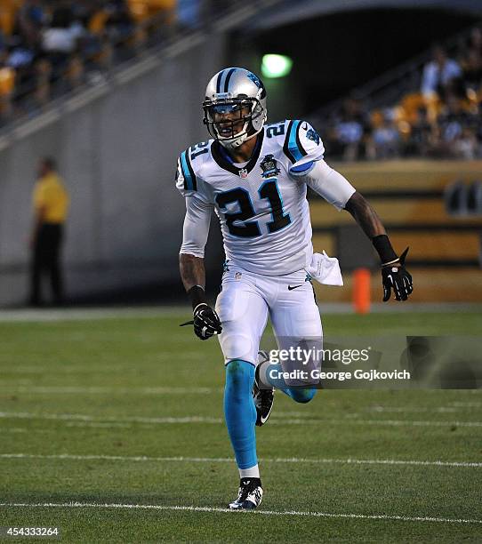 Safety Thomas DeCoud of the Carolina Panthers pursues the play during a preseason game against the Pittsburgh Steelers at Heinz Field on August 28,...