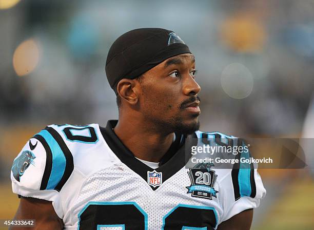 Cornerback Antoine Cason of the Carolina Panthers looks on from the sideline during a preseason game against the Pittsburgh Steelers at Heinz Field...