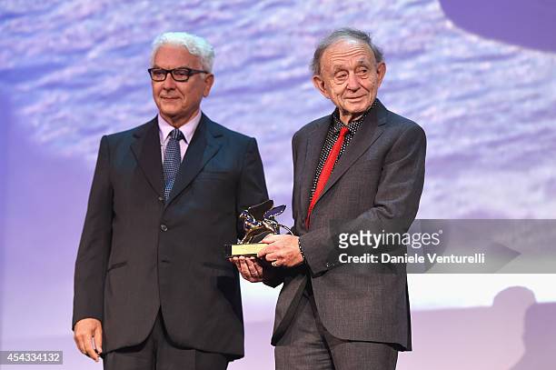 Frederick Wiseman receives the Golden Lion Lifetime Achievement Award from the President of the Festival Paolo Baratta during the 71st Venice Film...