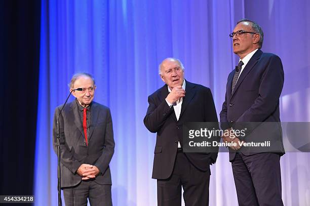 Frederick Wiseman, actor Michel Piccoli and Director of the Venice Film Festival Alberto Barbera attend the Golden Lion Lifetime Achievement Award...