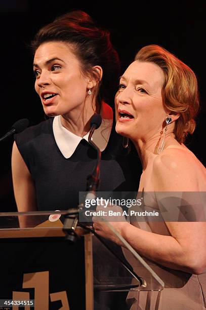 Actresses Hayley Atwell and Lesley Manville present the award for Best Actor as they attend the ceremony for the Moet British Independent Film Awards...