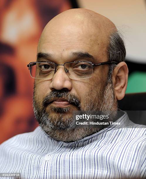 President Amit Shah at press conference after former Congress Rajya Sabha MP Chaudhary Birender Singh joined the BJP at BJP Head Quarters on August...