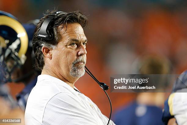 Head coach Jeff Fisher of the St. Louis Rams looks on in the second quarter against the Miami Dolphins during a preseason game on August 28, 2014 at...