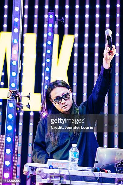 Splif of Far East Movement performs at Universal CityWalk's Free Summer "Music Spotlight Series" at 5 Towers Outdoor Concert Arena on August 28, 2014...