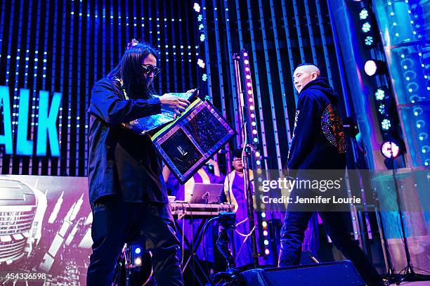 Splif and Kev Nish of Far East Movement performs at Universal CityWalk's Free Summer "Music Spotlight Series" at 5 Towers Outdoor Concert Arena on...