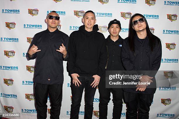 Prohgress, Kev Nish, DJ Virman, and J-Splif of Far East Movement arrive at Universal CityWalk's Free Summer "Music Spotlight Series" at 5 Towers...