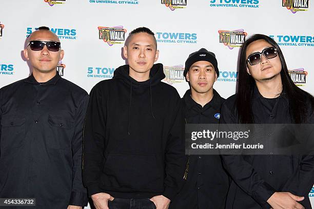 Prohgress, Kev Nish, DJ Virman, and J-Splif of Far East Movement arrive at Universal CityWalk's Free Summer "Music Spotlight Series" at 5 Towers...