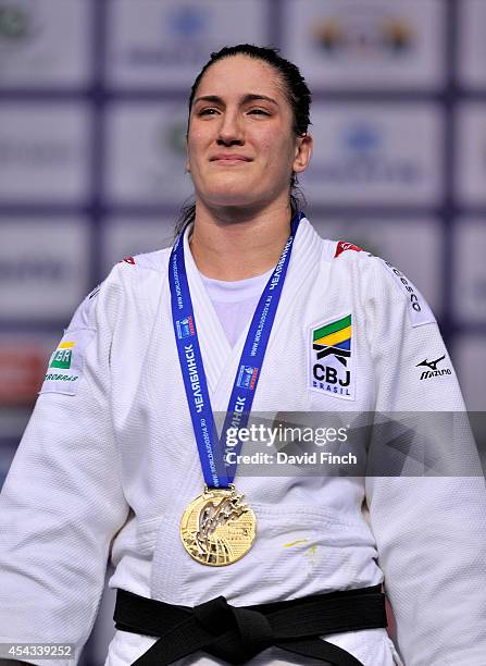 Under 78kg gold medallist, Mayra Aguiar of Brazil reacts during the Chelyabinsk Judo World Championships at the Sport Arena "Traktor" on August 29,...