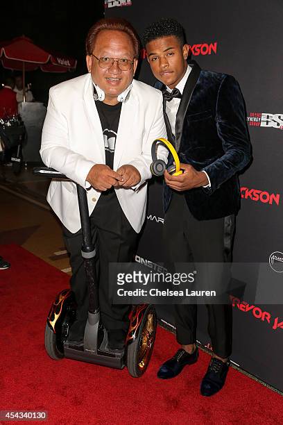Noel Lee, CEO of Monster, Inc. And singer Trevor Jackson attend Trevor Jackson's Monster 18th Birthday Party at El Rey Theatre on August 28, 2014 in...
