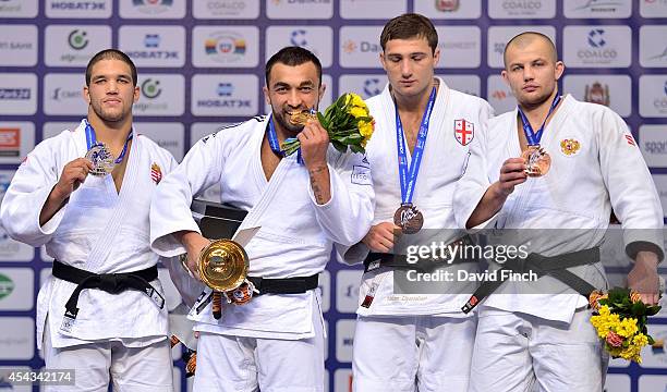 Under 90kg medallists Krisztian Toth of Hungary , Ilias Iliadis of Greece , Varlam Liparteliani of Georgia and Kirill Voprosov of Russia during the...