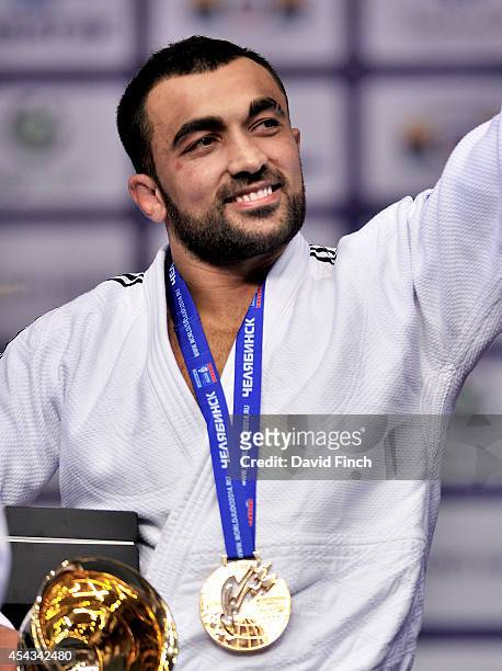 Under 90kg gold medallist and 2004 Olympic champion, Ilias Iliadis of Greece, waves to his many fans during the Chelyabinsk Judo World Championships...