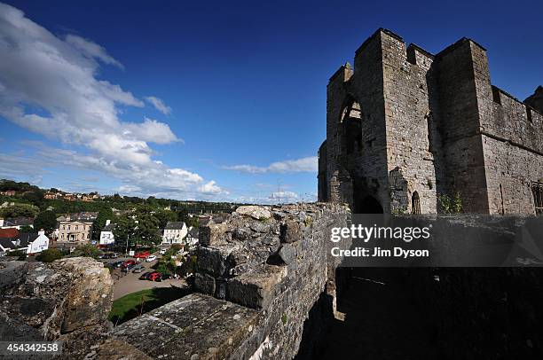 View from the battlements of Chepstow Castle, on August 17, 2014 in Chepstow, Wales. Construction on Chepstow Castle began in 1067 following the...