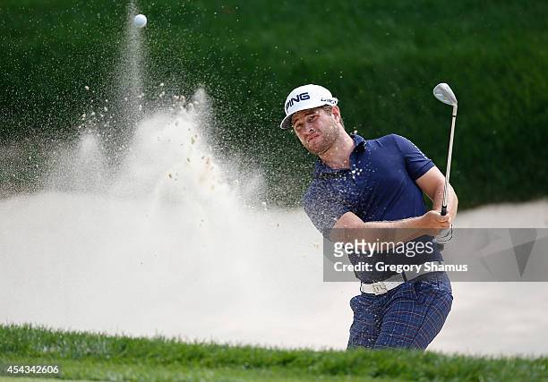 David Lingmerth of Sweden hits from a green side sand trap on the seventh hole during the second round of the Web.com Tour Hotel Fitness Championship...