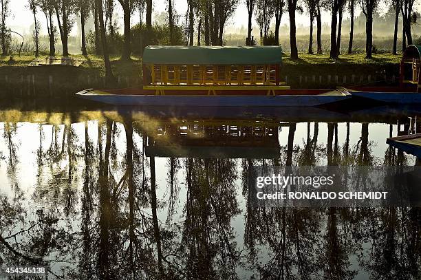 View of a "trajinera" moored and waiting for tourists at the Xochimilco canal, in southern Mexico City on August 29, 2014. Xochimilco, along with the...