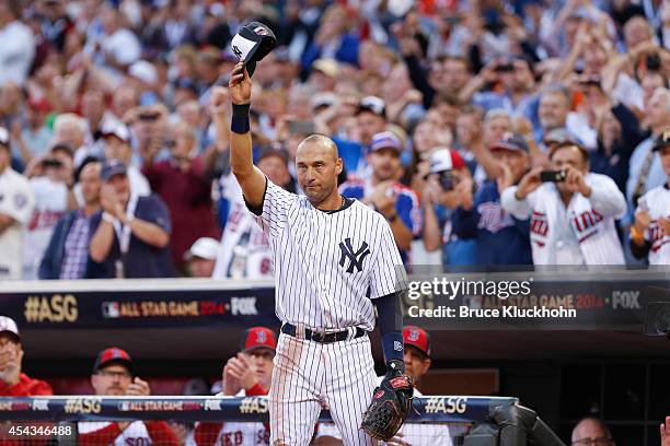 American League All-Star Derek Jeter of the New York Yankees acknowledges the crowd as he leaves the 85th MLB All-Star Game at Target Field on July...