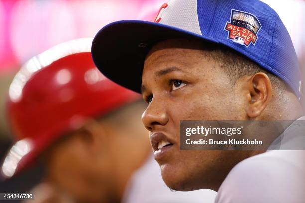 National League All-Star Starlin Castro of the Chicago Cubs watches the game against the American League at the 85th MLB All-Star Game at Target...