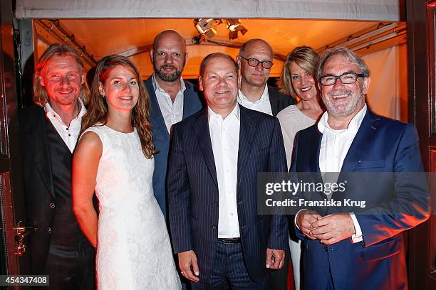 Frank Otto, Tanit Koch, Joern Lauterbach, Olaf Scholz, Joachim Knuth, Yvonne von Stempel and Klaus Ebert attend the 'Nacht der Medien' on August 29,...