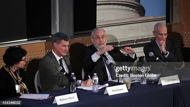 Nobel Prize-winning economist and Columbia University professor Joseph Stiglitz, second from right, sits on a panel with, from left, Rebecca Blank,...