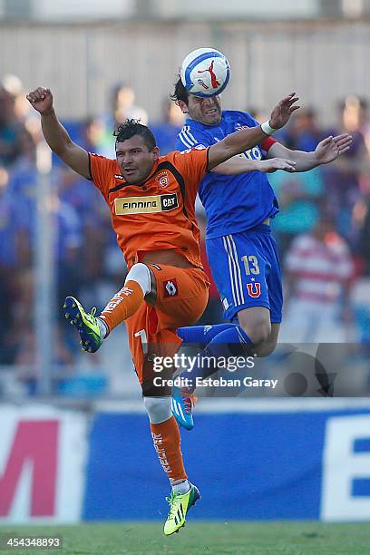 Jose Rojas of Universidad de Chile, struggles for the ball with Pablo Gonzalez of Cobreloa during a match between Cobreloa and Universidad de Chile...