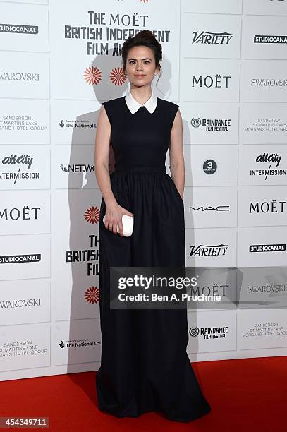 Actress Hayley Atwell arrives on the red carpet for the Moet British Independent Film Awards at Old Billingsgate Market on December 8, 2013 in...