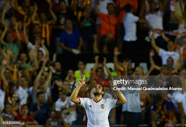 Paco Alcacer of Valencia celebrates after scoring during the La Liga match between Valencia CF and Malaga CF at Estadi de Mestalla on August 29, 2014...