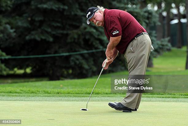 Craig Stadler hits his birdie putt on the third hole during the first round of the Shaw Charity Classic on August 29, 2014 in Calgary, Canada.
