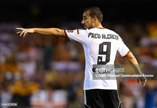 Paco Alcacer of Valencia reacts during the La Liga match between Valencia CF and Malaga CF at Estadi de Mestalla on August 29, 2014 in Valencia,...