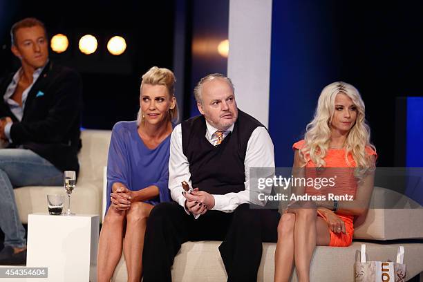 Alexandra Rietz, Hubert Kah and Mia Julia attend the Promi Big Brother finals at Coloneum on August 29, 2014 in Cologne, Germany.