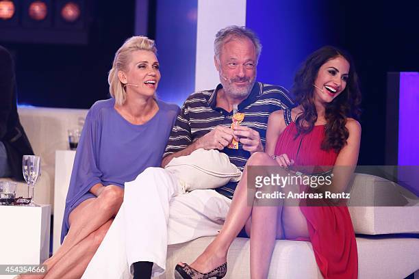 Alexandra Rietz, Ronald Schill and Janina Youssefian attend the Promi Big Brother finals at Coloneum on August 29, 2014 in Cologne, Germany.