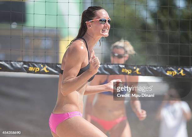 Christal Engle celebrates after winning her match against Megan Wallin-Brockway and Kathryn Piening at the 2014 AVP Cincinnati Open on August 29,...