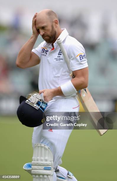 Matt Prior of England leaves the field after being dismissed by Peter Siddle of Australia during day five of Second Ashes Test Match between...