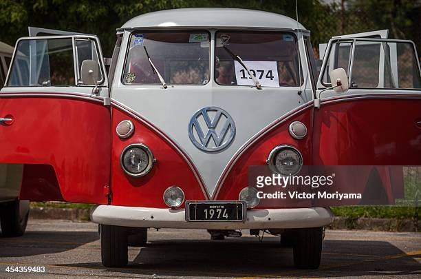 Volkswagen Kombi minibus is displayed during an exhibition of the vehicles on December 8, 2013 in Sao Bernardo do Campo, Brazil. The event celebrates...