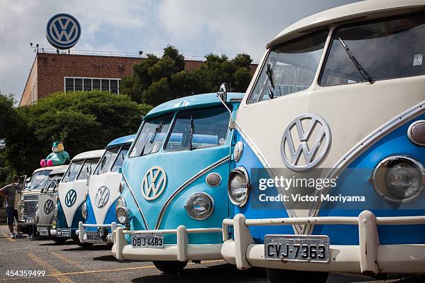 Volkswagen Kombi minibuses are lined up during an exhibition of the vehicles on December 8, 2013 in Sao Bernardo do Campo, Brazil. The event...