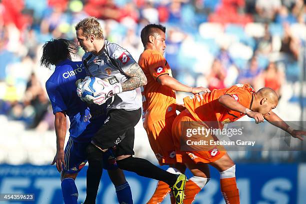 Luciano Palos, goalkeeper of Cobreloa in action during a match between Cobreloa and Universidad de Chile as part of the Torneo Apertura 2013 at...