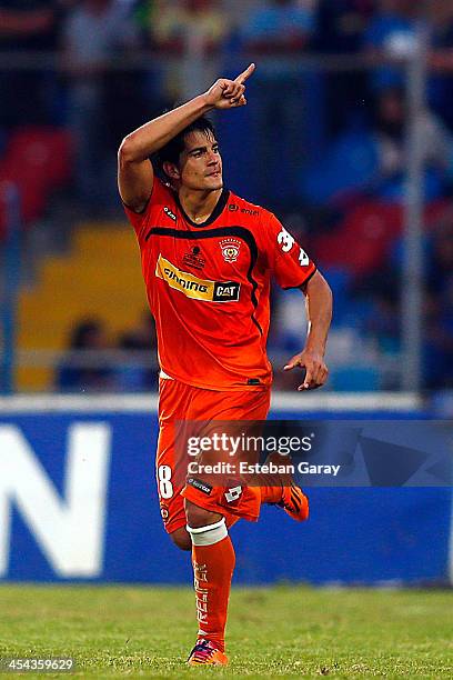 Ignacio Herrera of Cobreloa celebrates after scoring during a match between Cobreloa and Universidad de Chile as part of the Torneo Apertura 2013 at...