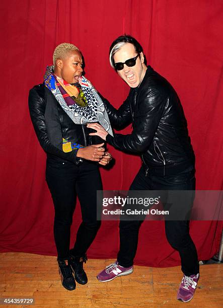 Singers Noelle Scaggs and Michael Fitzpatrick of Fitz and the Tantrums pose backstage during The 24th Annual KROQ Almost Acoustic Christmas at The...