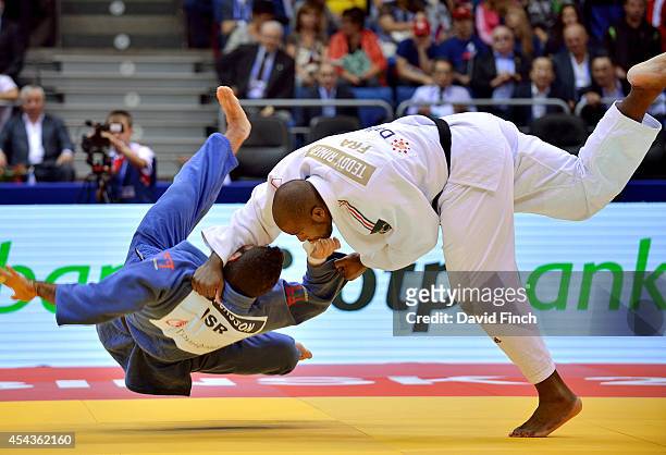 Current World and Olympic champion, Teddy Riner of France throws Or Sasson of Israel for ippon in his first o100kg match during the Chelyabinsk Judo...