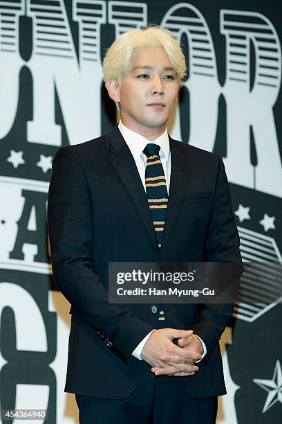 Kangin of South Korean boy band Super Junior attends the press conference for Super Junior's 7th Album 'MAMACITA' at Imperial Palace Hotel on August...